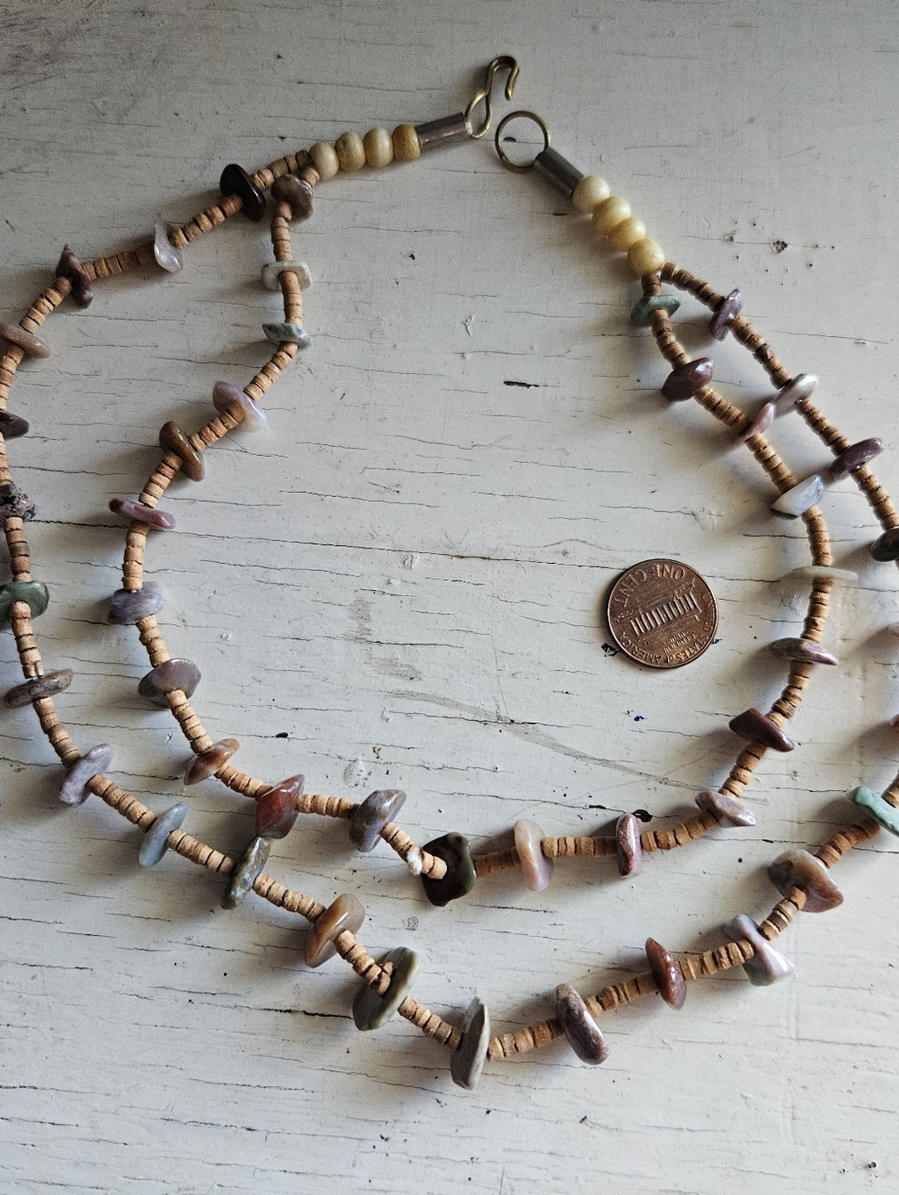 Double Strand Stone Chip “Tab” Necklace | Heishi Beads | Boho Earth Tone - Picture 2 of 4